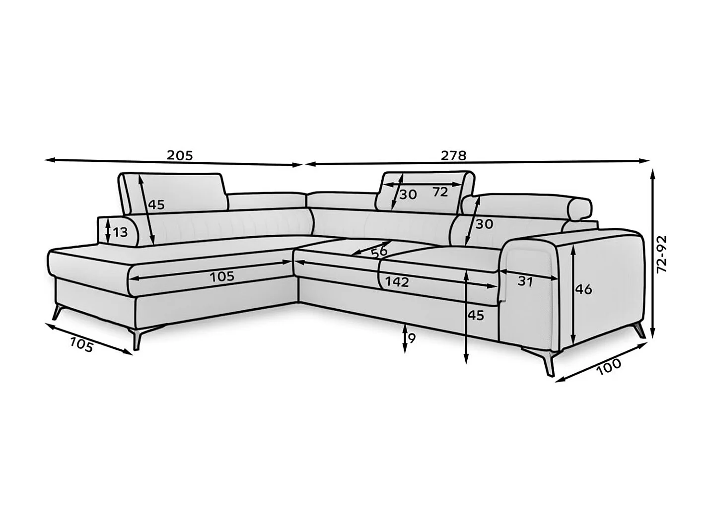 Canapé d'angle convertible velours têtière réglables GRENKY - Coffre, pieds acier chromé-Bleu canard-angle droit