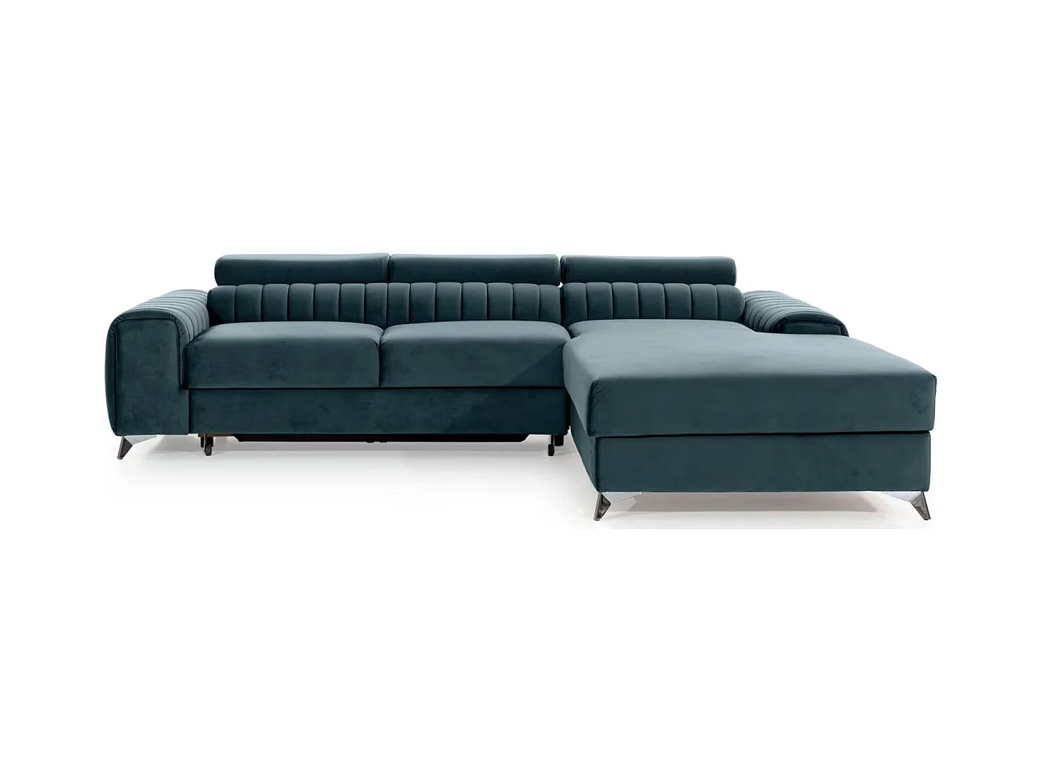 Canapé d'angle convertible velours têtière réglables GRENKY - Coffre, pieds acier chromé-Bleu canard-angle droit