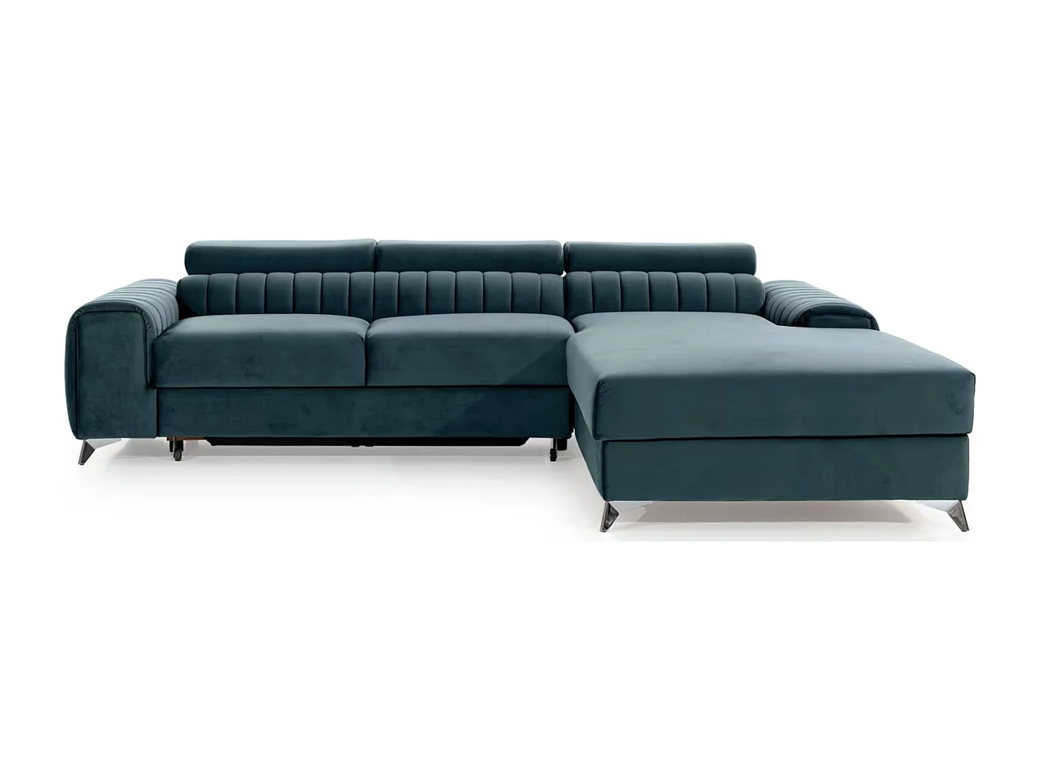 Canapé d'angle convertible velours têtière réglables GRENKY - Coffre, pieds acier chromé-Bleu canard-angle droit