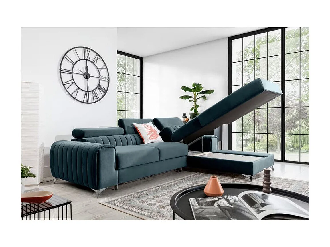 Canapé d'angle convertible velours têtière réglables GRENKY - Coffre, pieds acier chromé-Bleu canard-angle droit