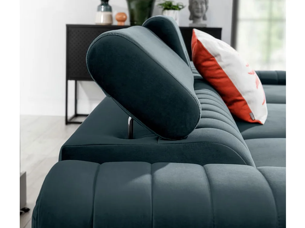 Canapé d'angle convertible velours têtière réglables GRENKY - Coffre, pieds acier chromé-Bleu canard-angle droit