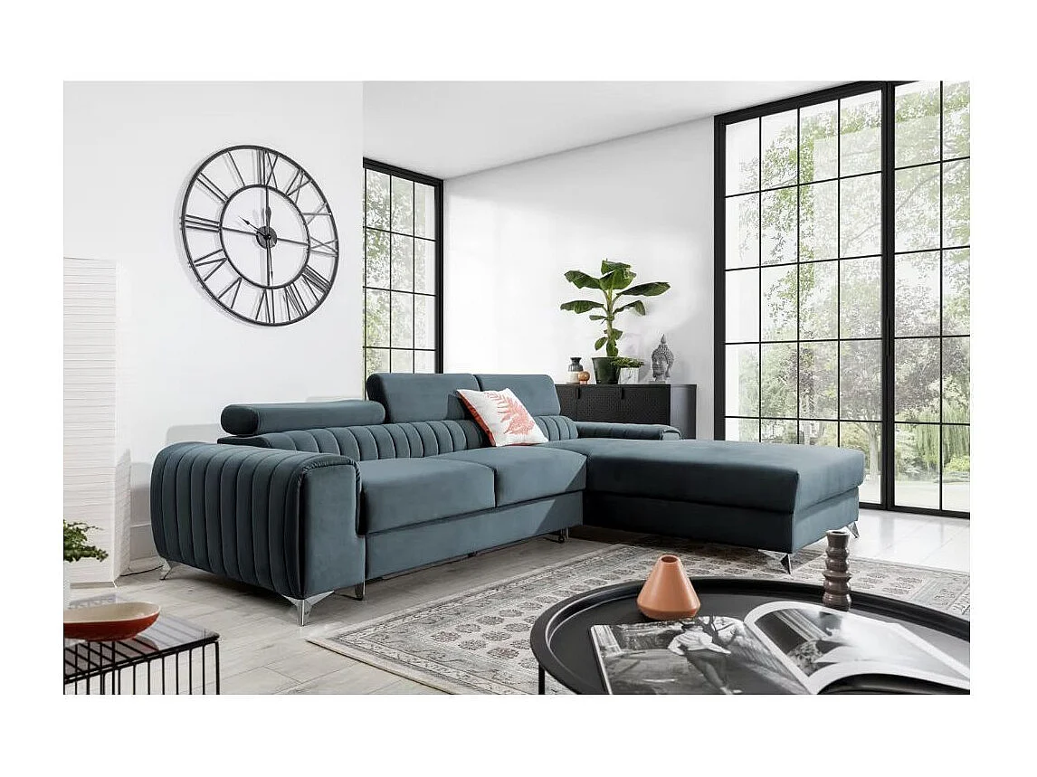 Canapé d'angle convertible velours têtière réglables GRENKY - Coffre, pieds acier chromé-Bleu canard-angle droit
