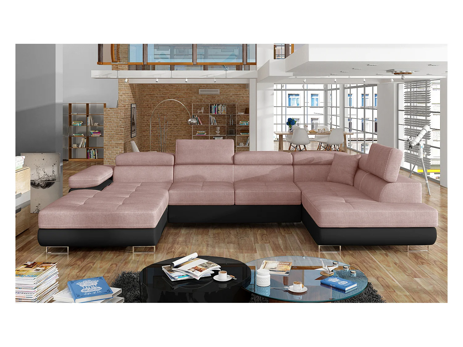 Canapé panoramique convertible ROMANO - Rangement et appuie-têtes réglables-Noir/Rose clair-Coffre à droite