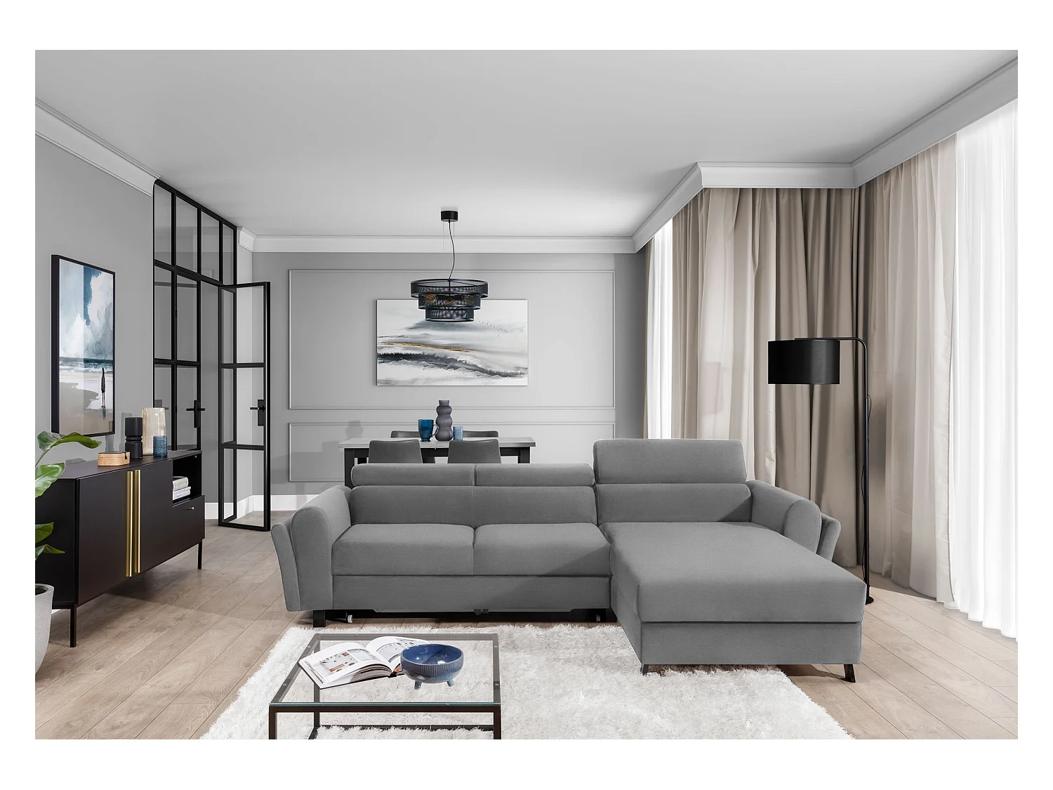 MAZALI fluwelen omvormbare hoekbank - Verstelbare hoofdsteunen en opbergruimte-Kleur Grijs-Dagbed Naar rechts