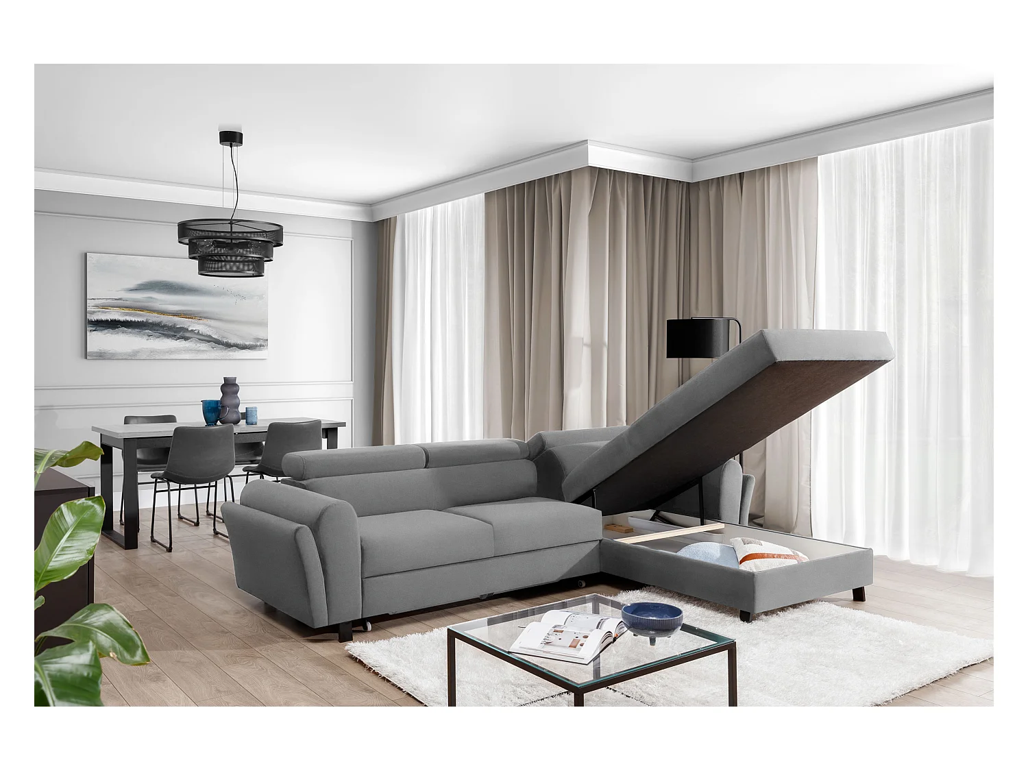 MAZALI fluwelen omvormbare hoekbank - Verstelbare hoofdsteunen en opbergruimte-Kleur Grijs-Dagbed Naar rechts
