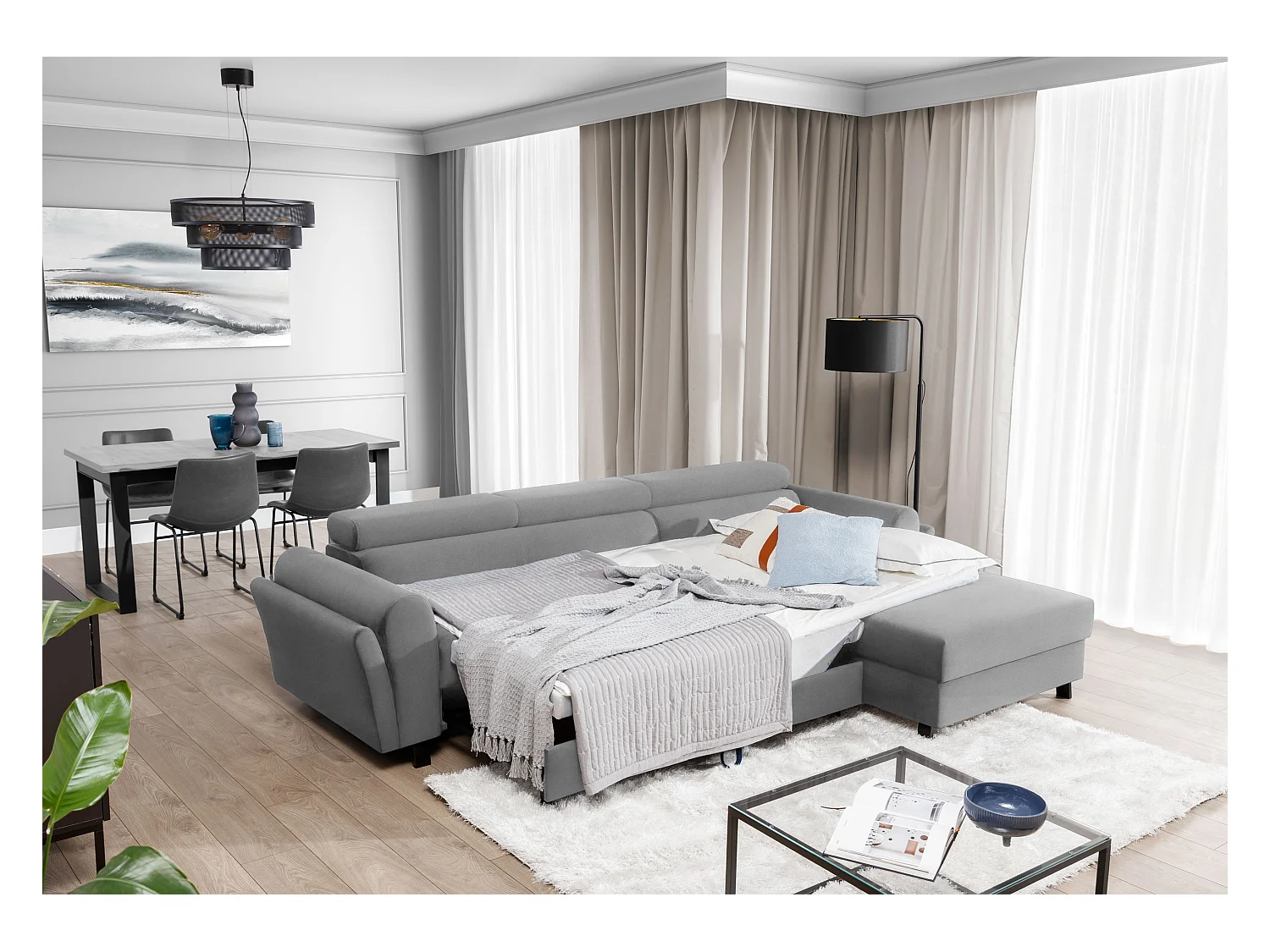 MAZALI fluwelen omvormbare hoekbank - Verstelbare hoofdsteunen en opbergruimte-Kleur Grijs-Dagbed Naar rechts