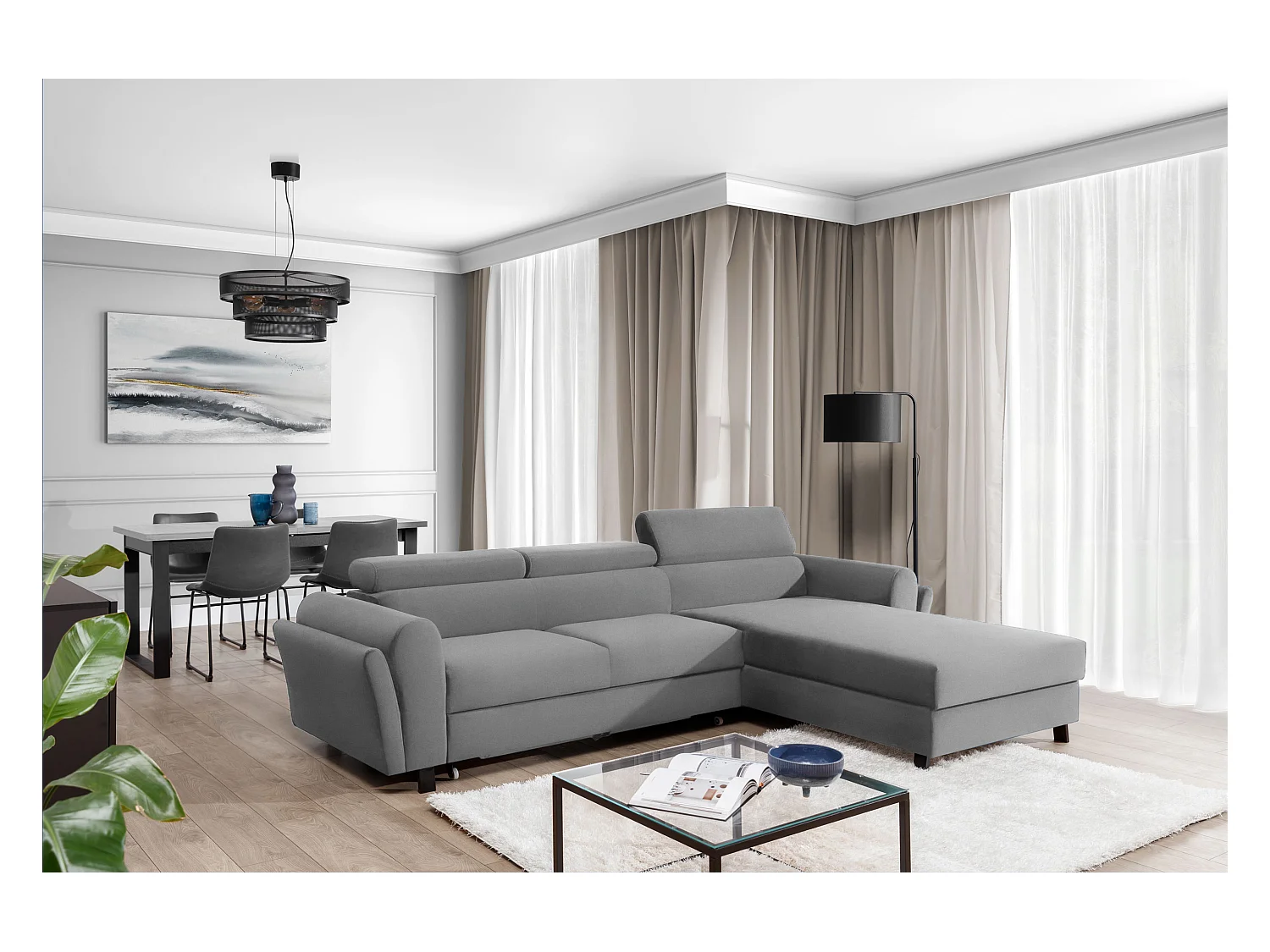 MAZALI fluwelen omvormbare hoekbank - Verstelbare hoofdsteunen en opbergruimte-Kleur Grijs-Dagbed Naar rechts