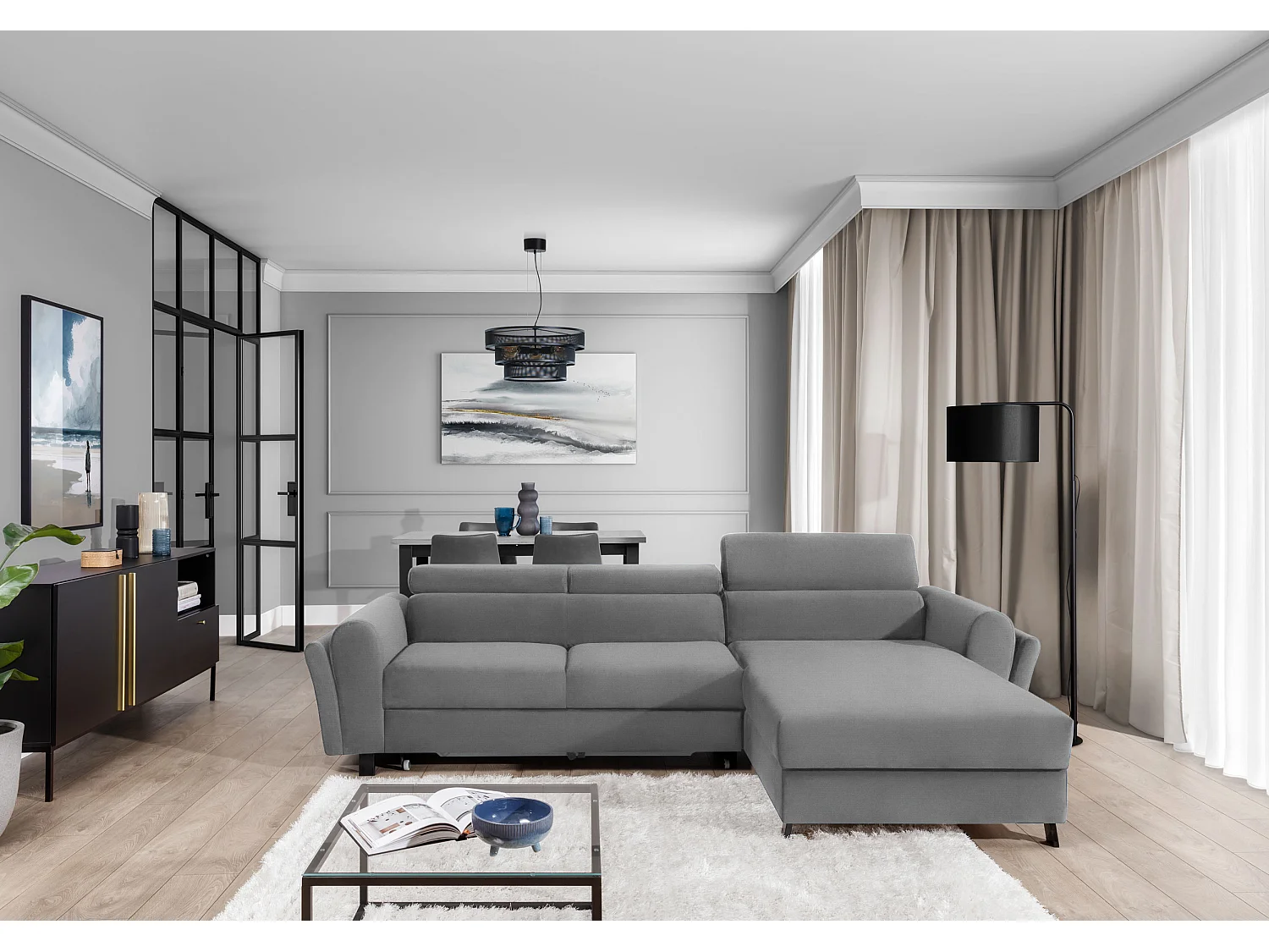 Canapé d’angle convertible MAZALI velours - Appuis-tête réglables et rangement-Gris-Méridienne A droite