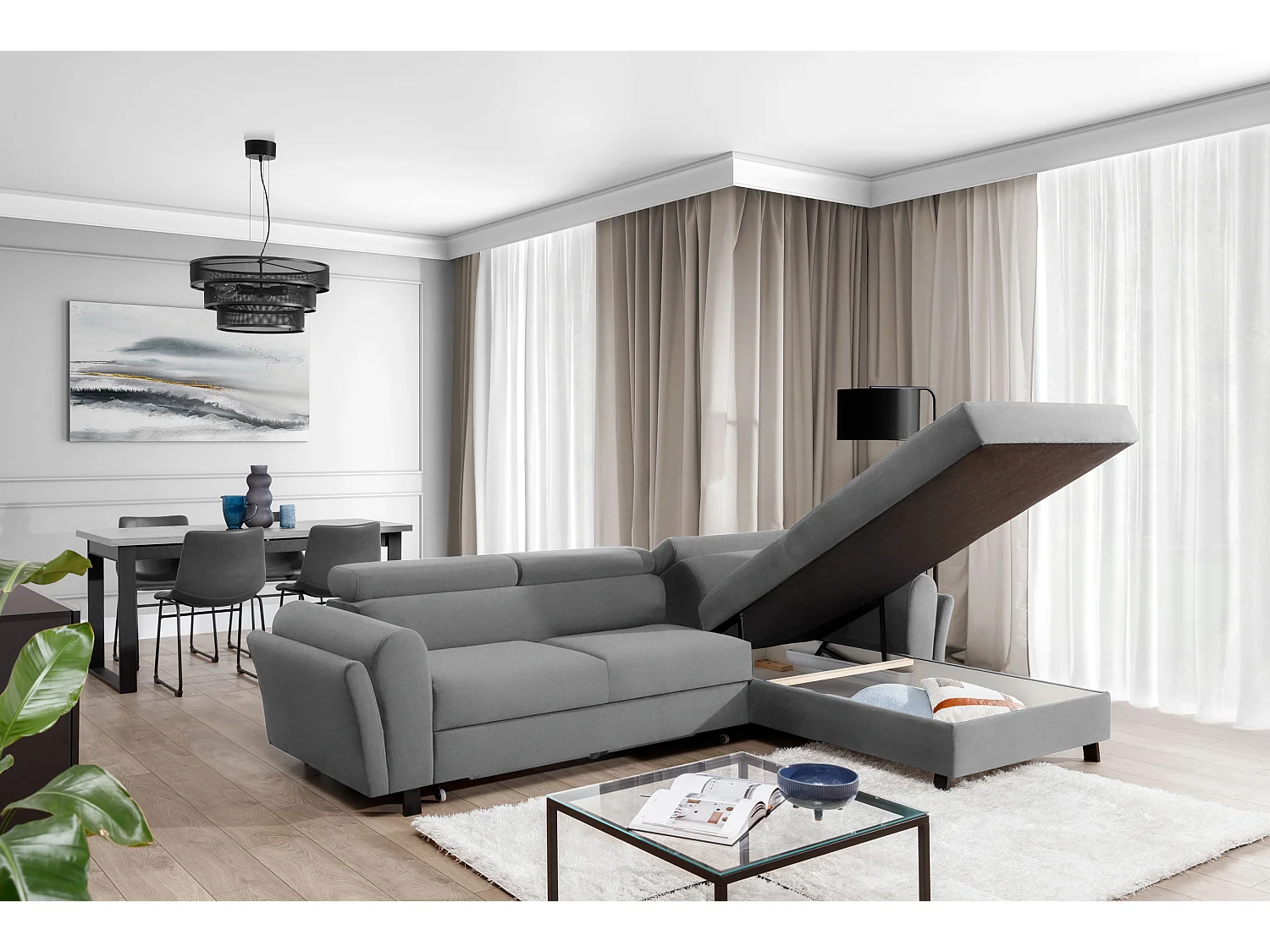 Canapé d’angle convertible MAZALI velours - Appuis-tête réglables et rangement-Gris-Méridienne A droite