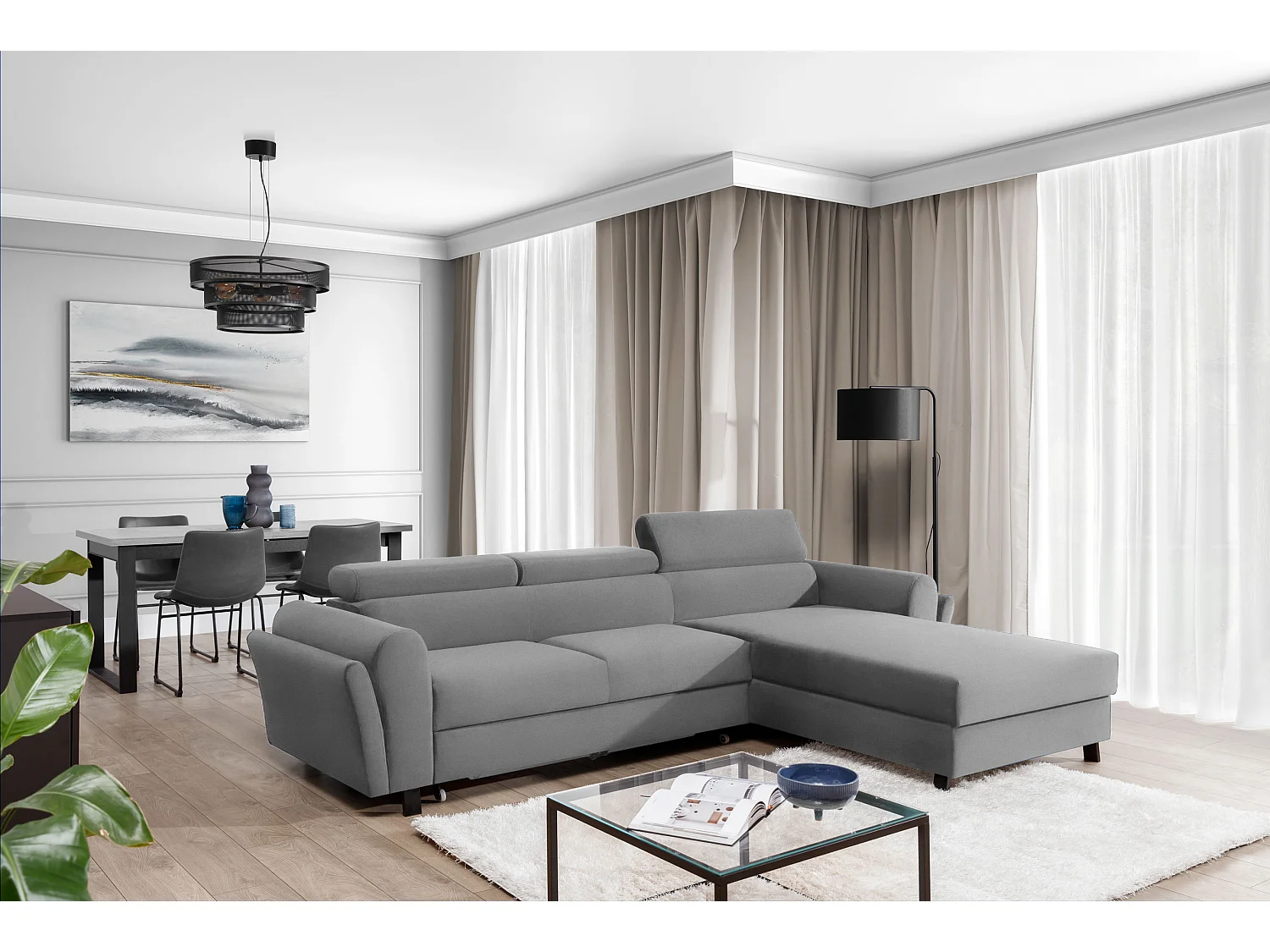 Canapé d’angle convertible MAZALI velours - Appuis-tête réglables et rangement-Gris-Méridienne A droite