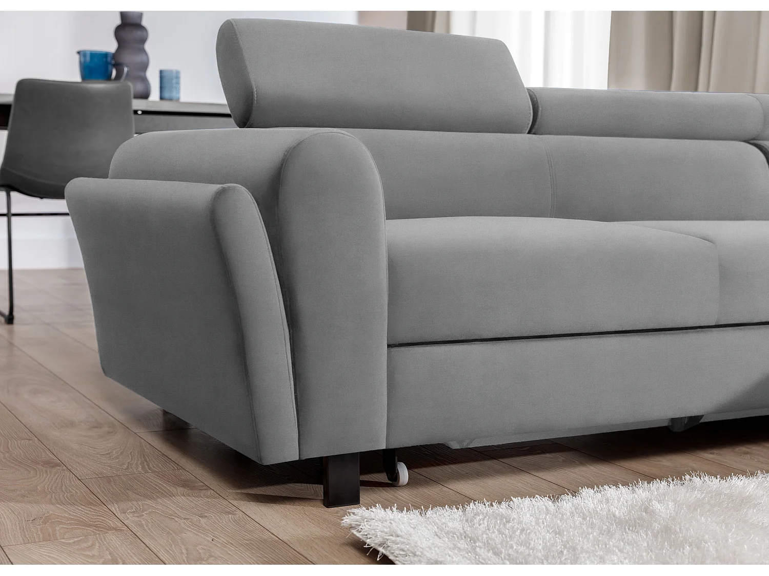 Canapé d’angle convertible MAZALI velours - Appuis-tête réglables et rangement-Gris-Méridienne A droite