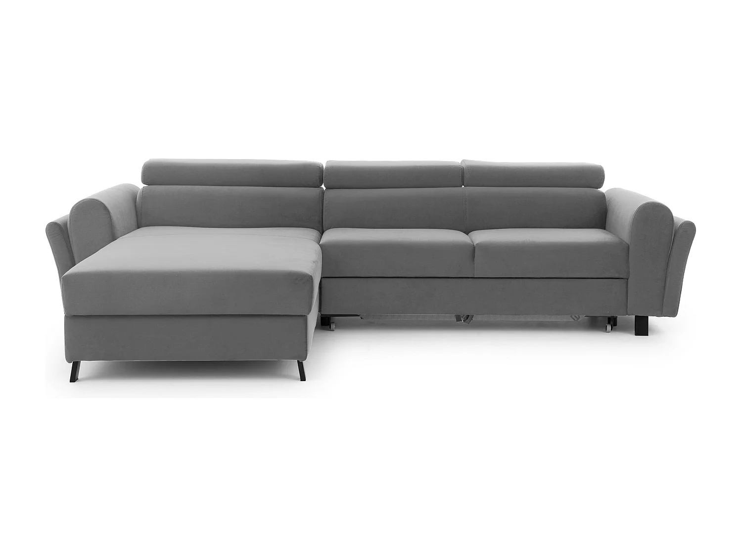 Canapé d’angle convertible MAZALI velours - Appuis-tête réglables et rangement-Gris-Méridienne A droite