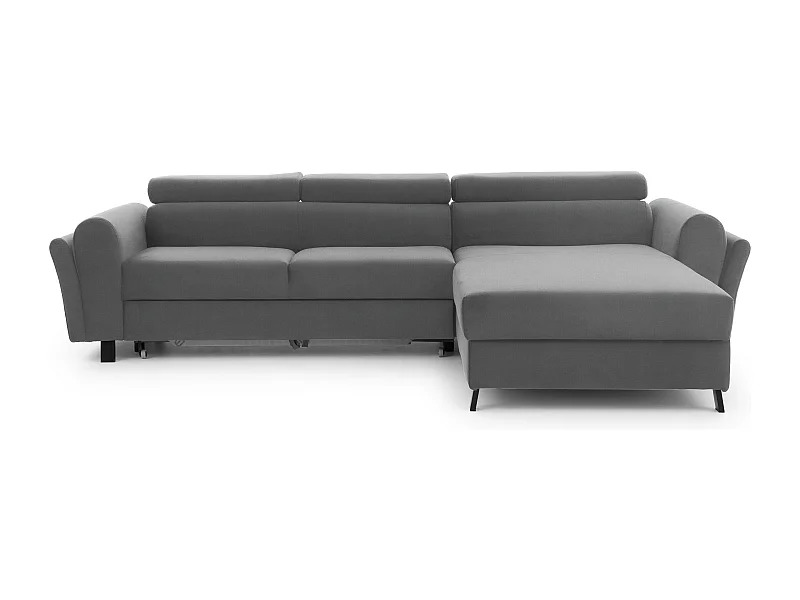 Canapé d’angle convertible MAZALI velours - Appuis-tête réglables et rangement-Gris-Méridienne A droite