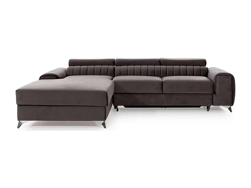 Canapé d'angle convertible velours têtière réglables GRENKY - Coffre, pieds acier chromé-Marron-angle gauche