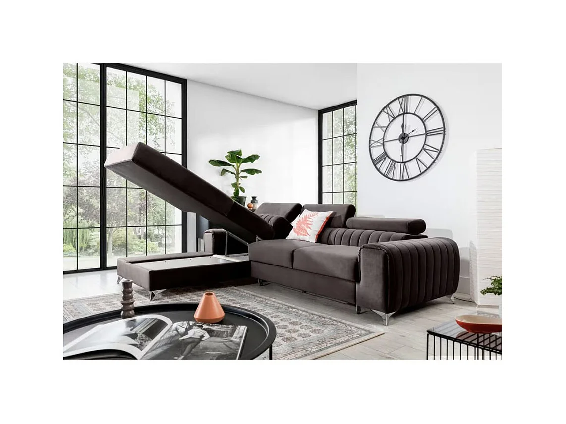 Canapé d'angle convertible velours têtière réglables GRENKY - Coffre, pieds acier chromé-Marron-angle gauche
