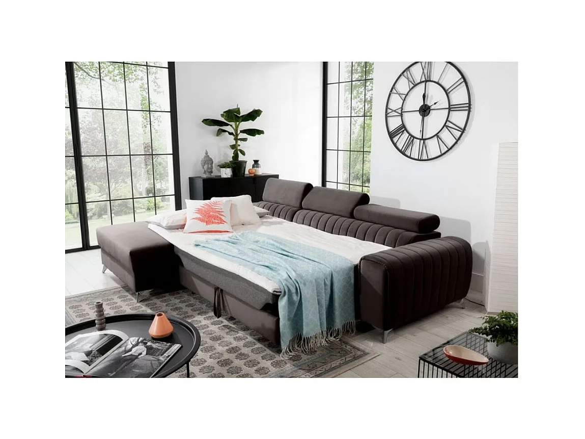 Canapé d'angle convertible velours têtière réglables GRENKY - Coffre, pieds acier chromé-Marron-angle gauche