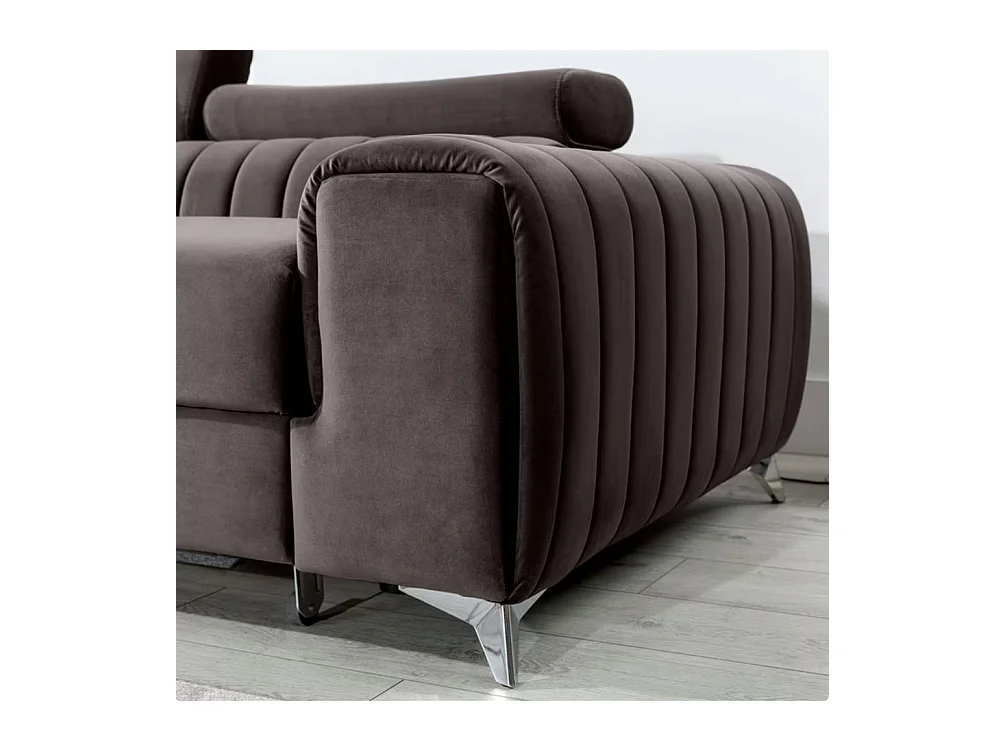 Canapé d'angle convertible velours têtière réglables GRENKY - Coffre, pieds acier chromé-Marron-angle gauche