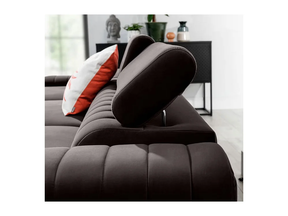 Canapé d'angle convertible velours têtière réglables GRENKY - Coffre, pieds acier chromé-Marron-angle gauche