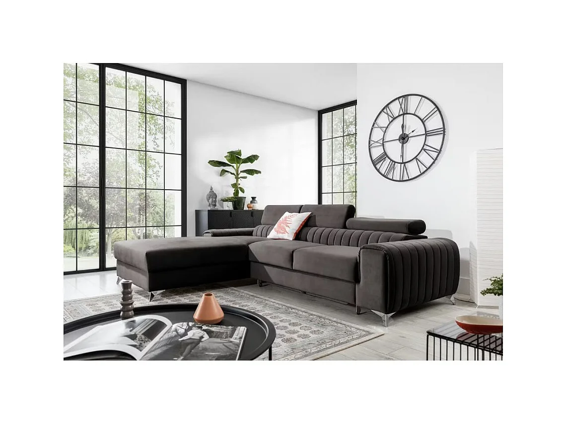 Canapé d'angle convertible velours têtière réglables GRENKY - Coffre, pieds acier chromé-Marron-angle gauche