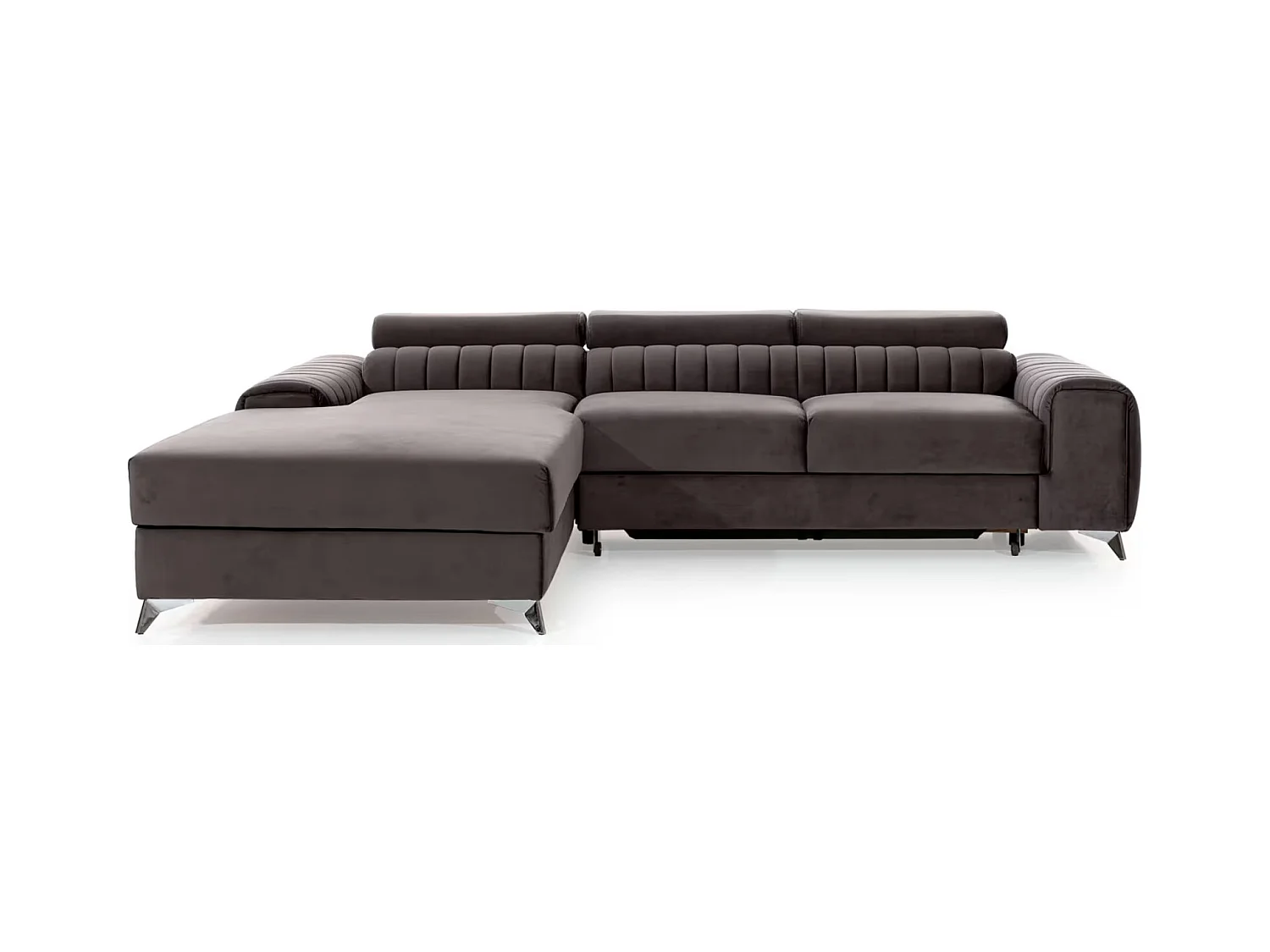Canapé d'angle convertible velours têtière réglables GRENKY - Coffre, pieds acier chromé-Marron-angle gauche