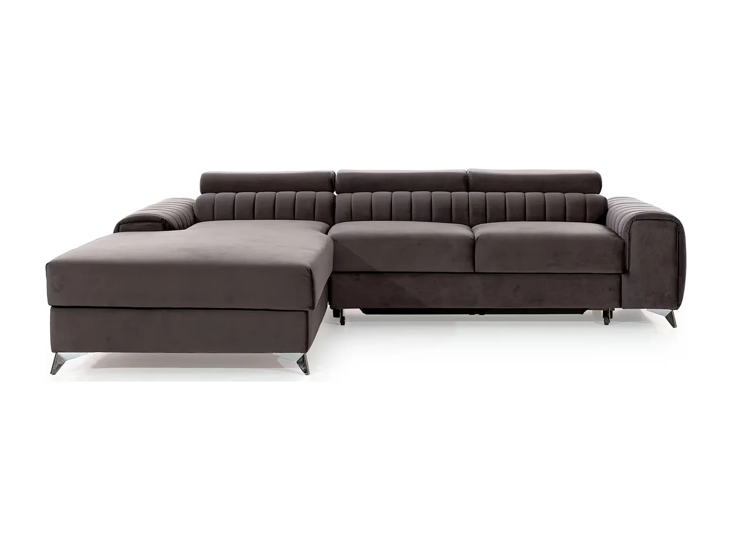 Canapé d'angle convertible velours têtière réglables GRENKY - Coffre, pieds acier chromé-Marron-angle gauche