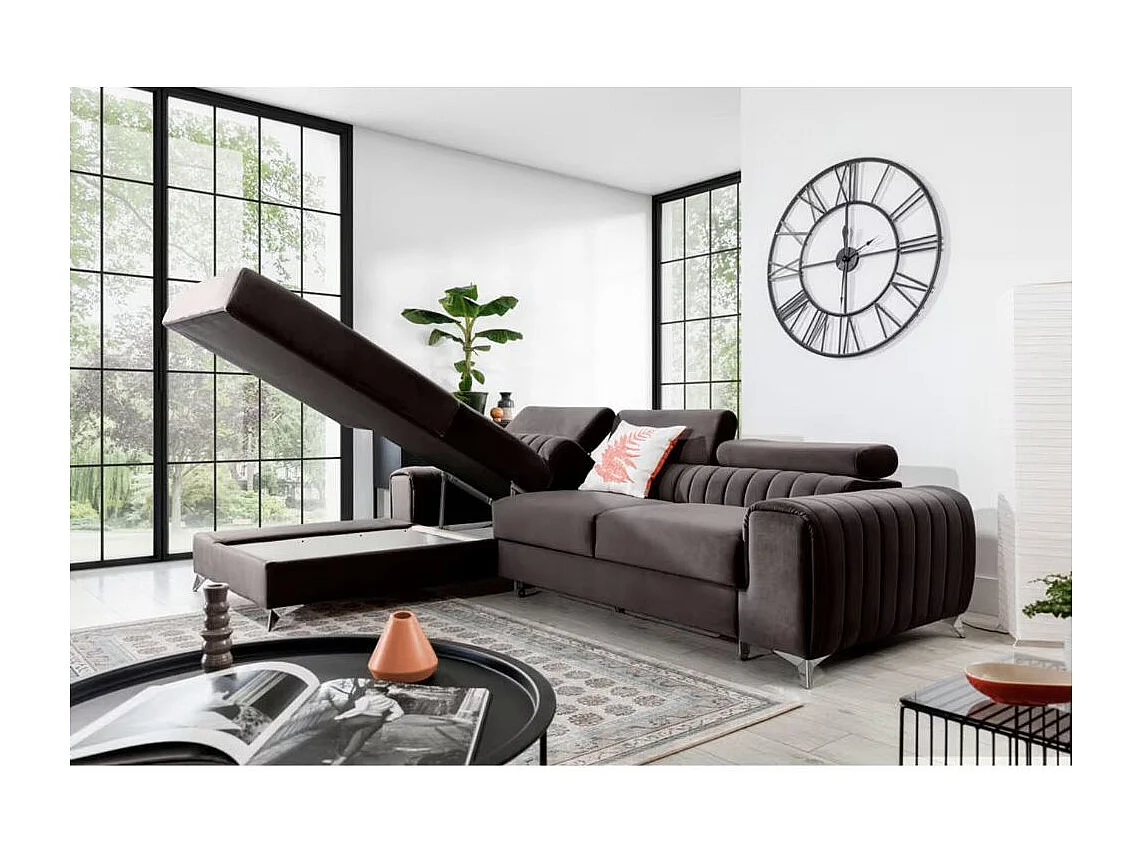 Canapé d'angle convertible velours têtière réglables GRENKY - Coffre, pieds acier chromé-Marron-angle gauche