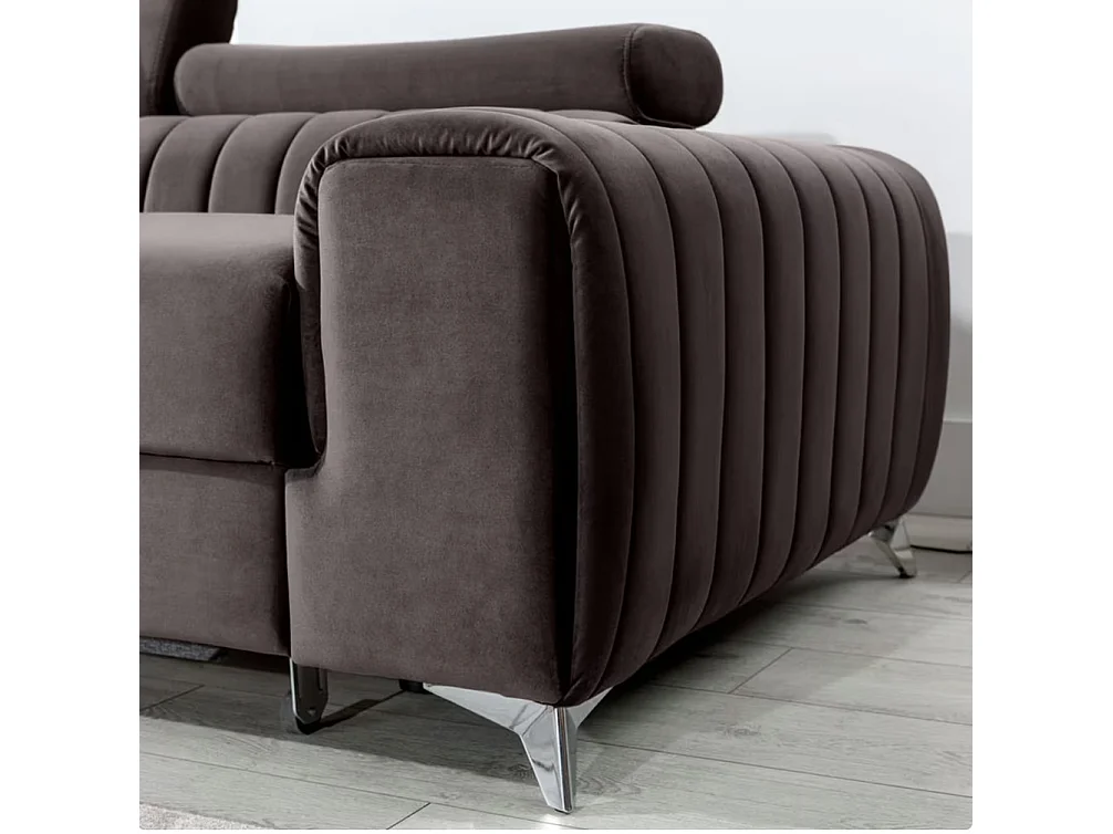 Canapé d'angle convertible velours têtière réglables GRENKY - Coffre, pieds acier chromé-Marron-angle gauche