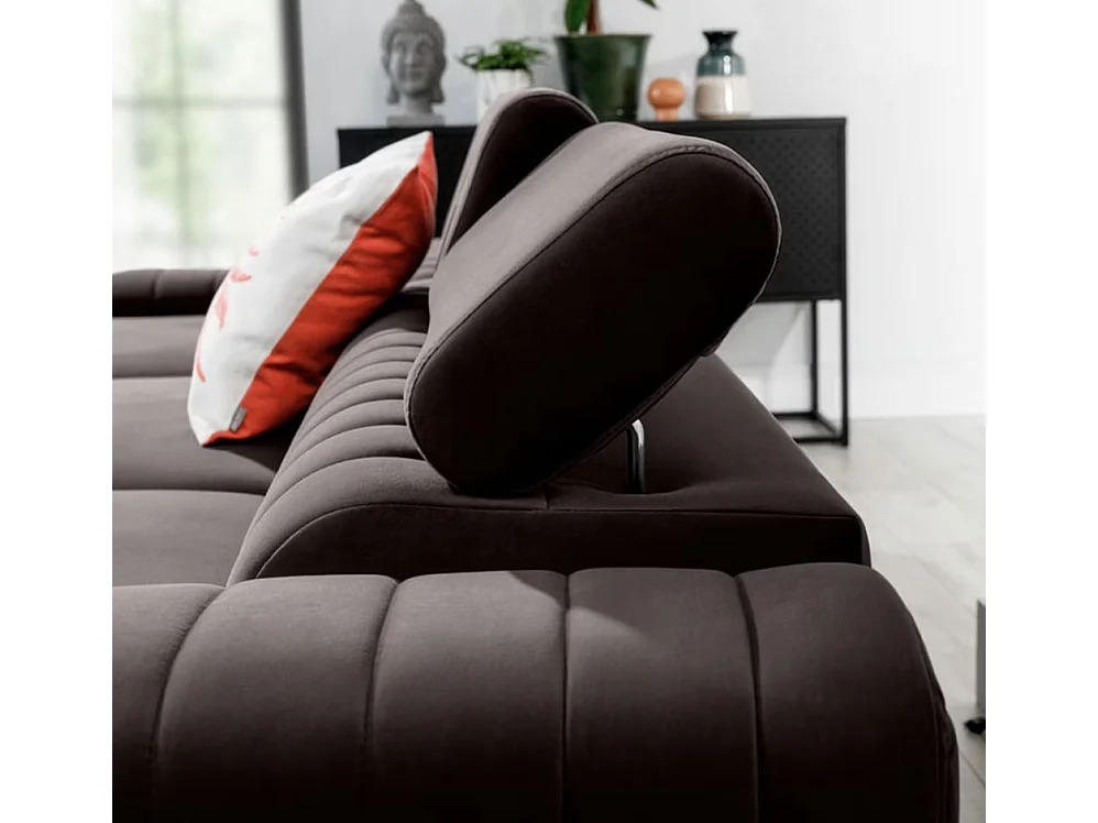 Canapé d'angle convertible velours têtière réglables GRENKY - Coffre, pieds acier chromé-Marron-angle gauche