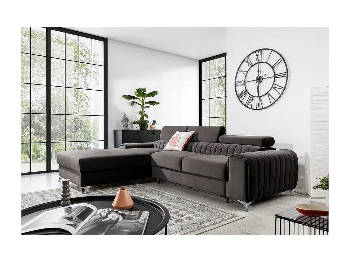 Canapé d'angle convertible velours têtière réglables GRENKY - Coffre, pieds acier chromé-Marron-angle gauche