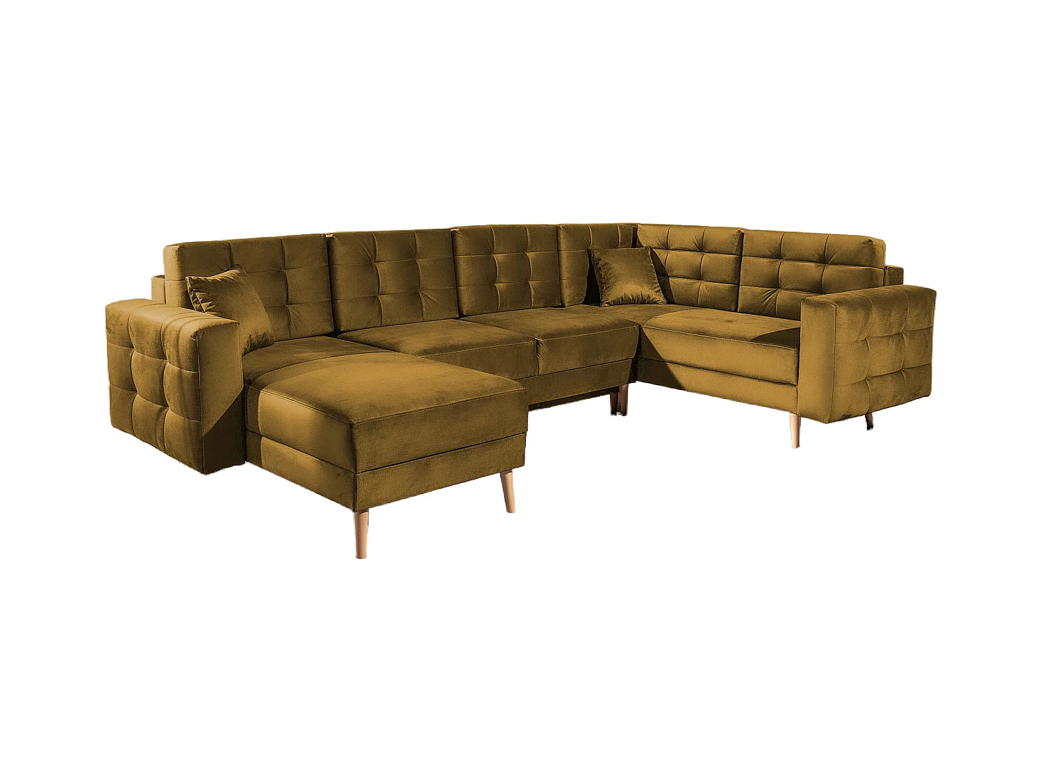 Canapé panoramique convertible ANSKA en velours - Pieds bois naturel-Camel