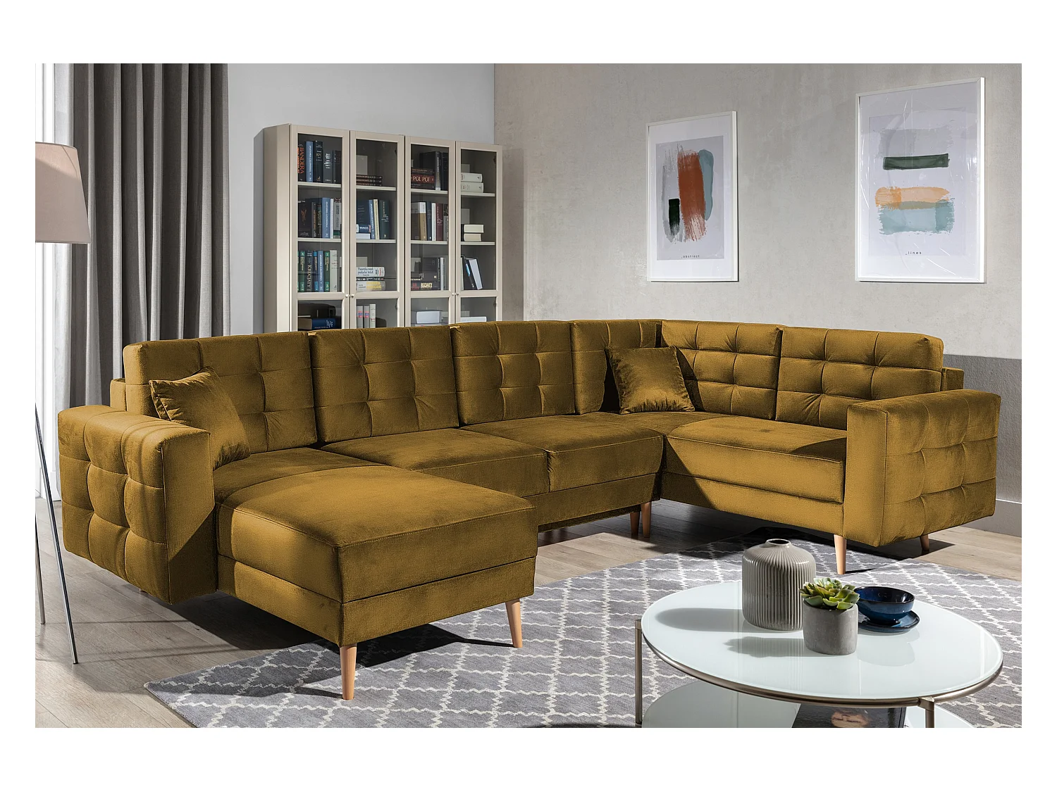 Canapé panoramique convertible ANSKA en velours - Pieds bois naturel-Camel