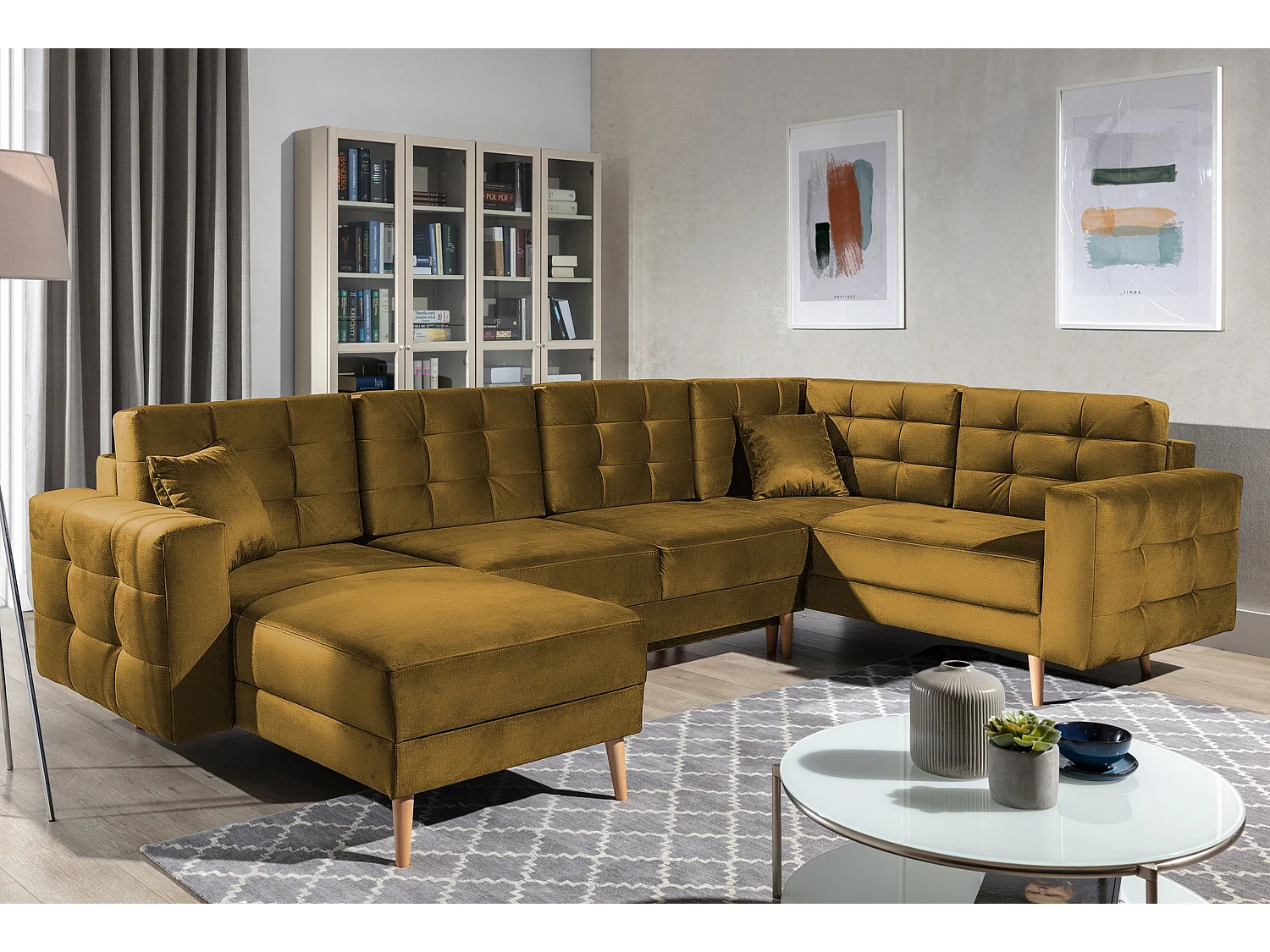 Canapé panoramique convertible ANSKA en velours - Pieds bois naturel-Camel