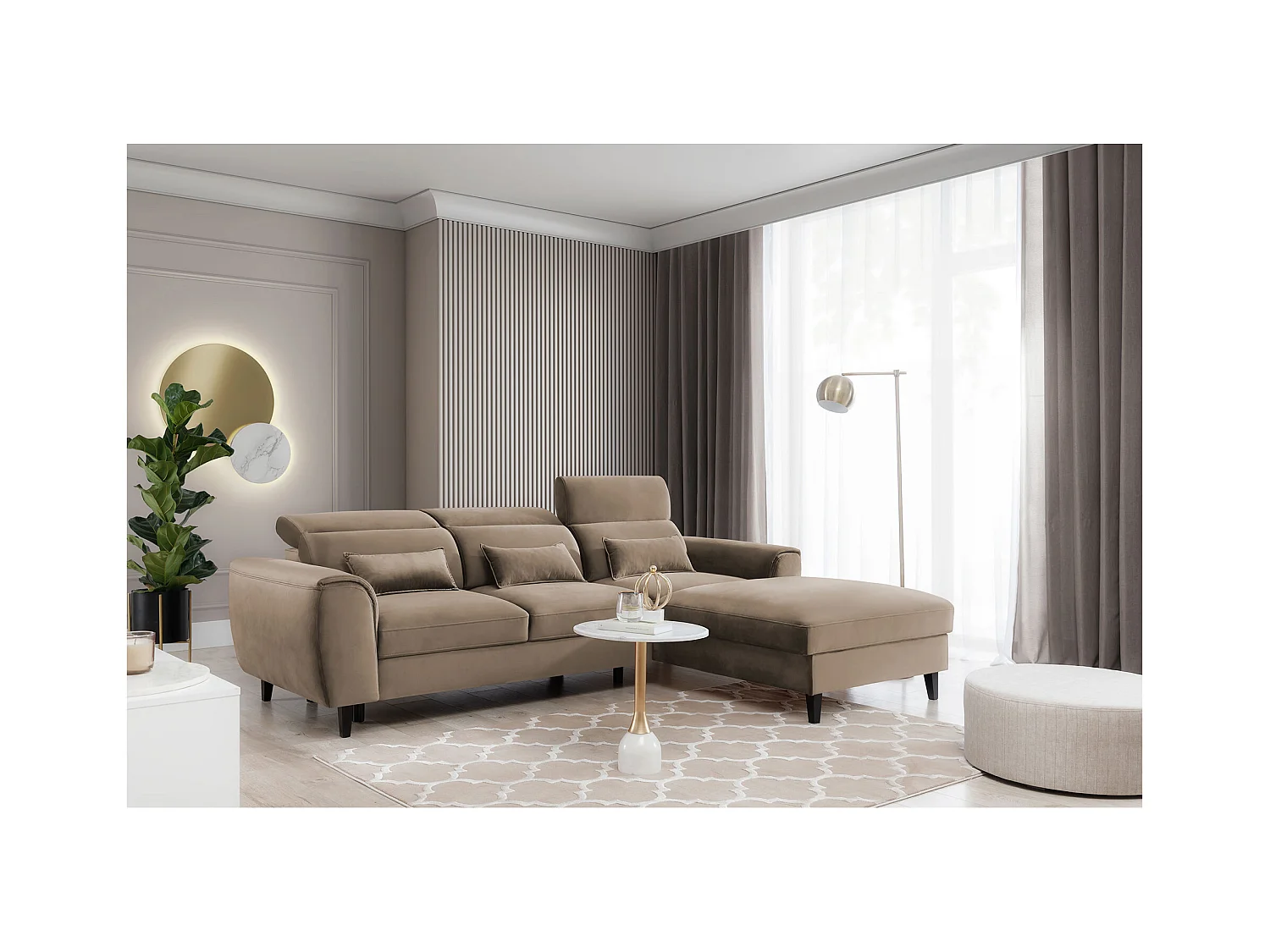 ASTORIA converteerbare fluwelen hoekbank met verstelbare hoofdsteunen - Zwarte houten kist en poten-Kleur Donker beige-juiste hoek