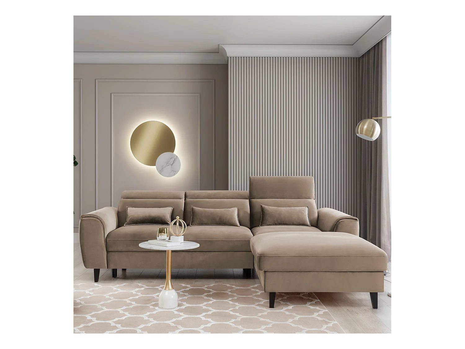 ASTORIA converteerbare fluwelen hoekbank met verstelbare hoofdsteunen - Zwarte houten kist en poten-Kleur Donker beige-juiste hoek