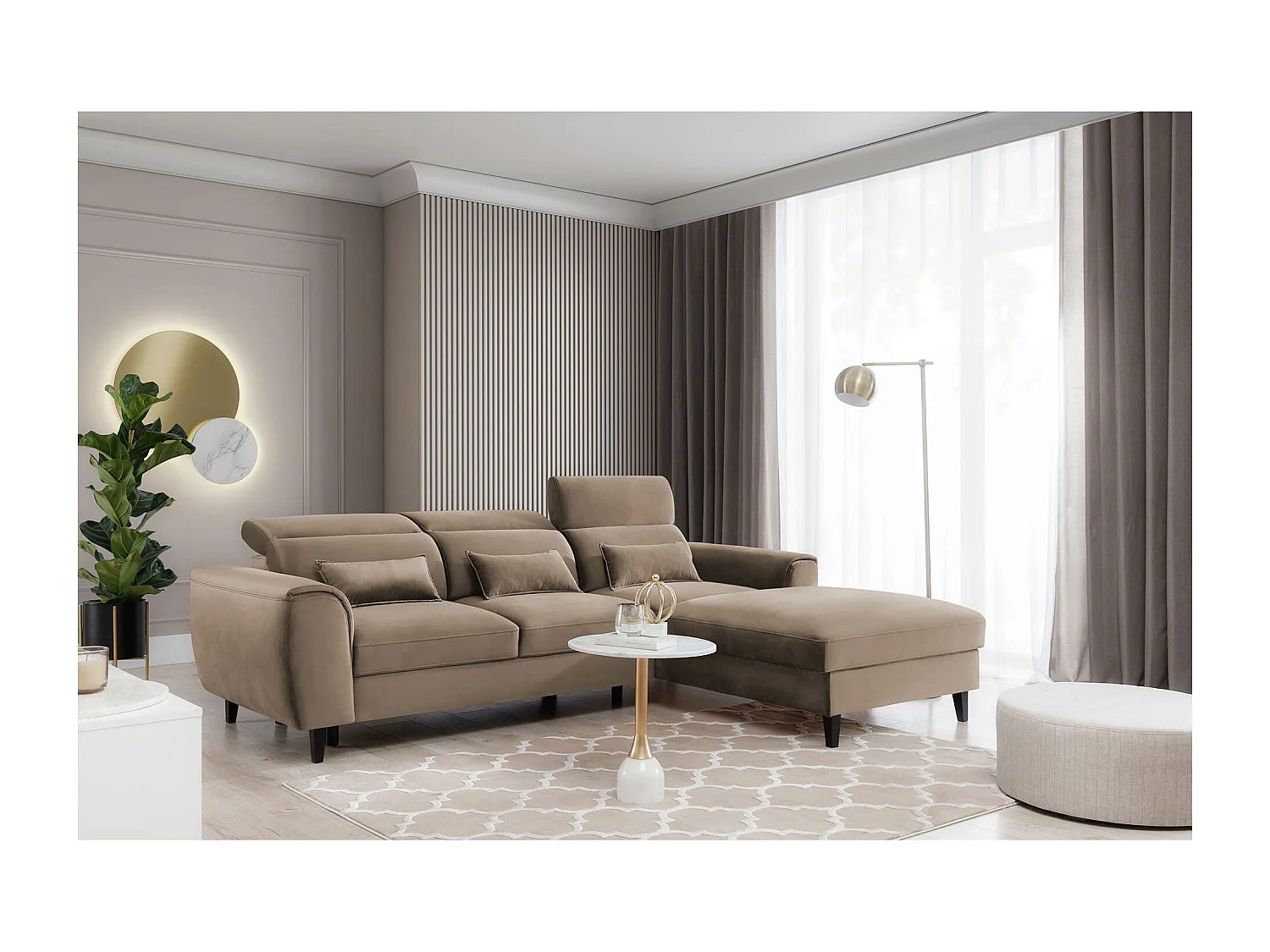 Canapé d'angle convertible velours appuis-tête réglables ASTORIA - Coffre et pieds bois noir-Beige foncé-angle droit