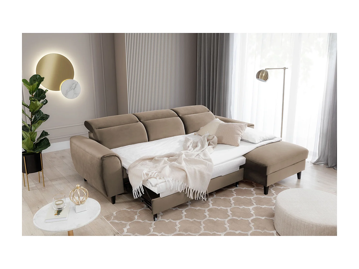 Canapé d'angle convertible velours appuis-tête réglables ASTORIA - Coffre et pieds bois noir-Beige foncé-angle droit