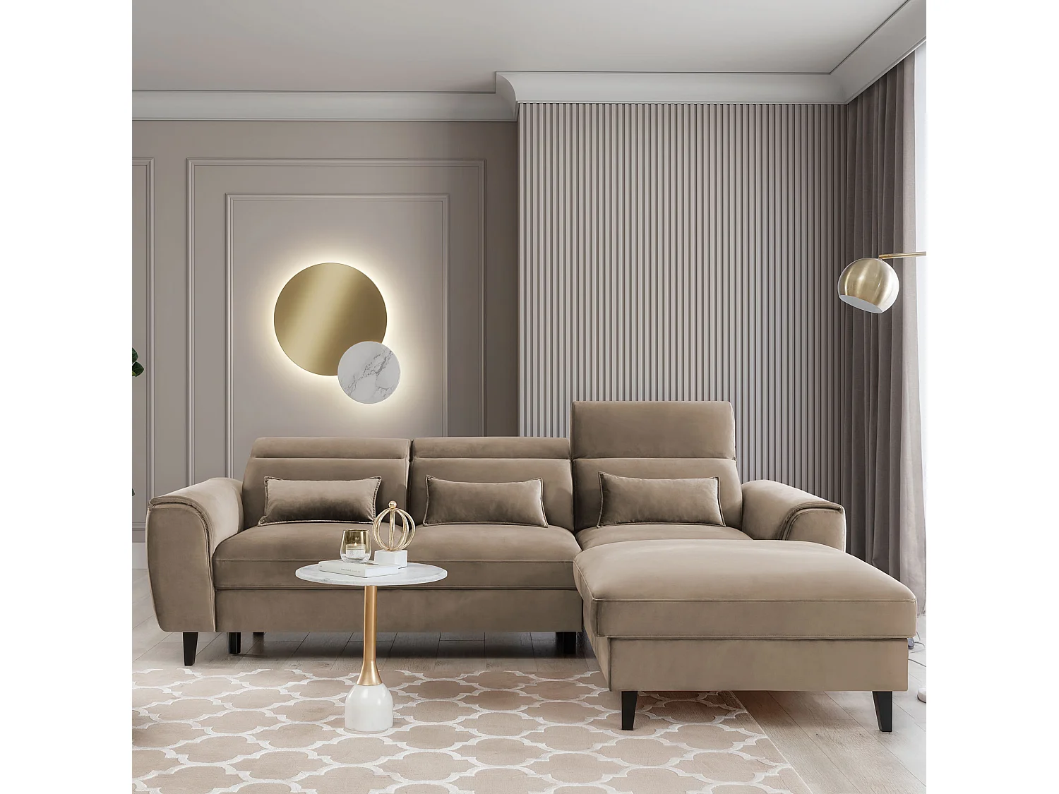 Canapé d'angle convertible velours appuis-tête réglables ASTORIA - Coffre et pieds bois noir-Beige foncé-angle droit