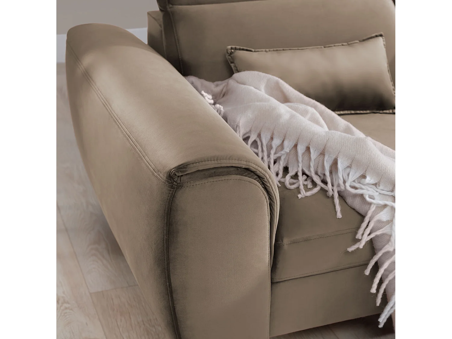 Canapé d'angle convertible velours appuis-tête réglables ASTORIA - Coffre et pieds bois noir-Beige foncé-angle droit