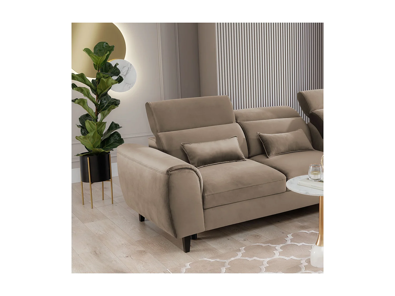 Canapé d'angle convertible velours appuis-tête réglables ASTORIA - Coffre et pieds bois noir-Beige foncé-angle droit