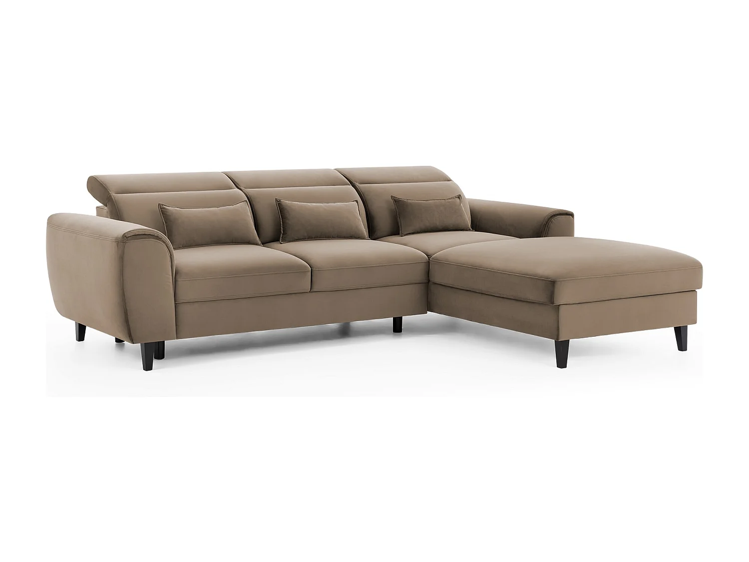 Canapé d'angle convertible velours appuis-tête réglables ASTORIA - Coffre et pieds bois noir-Beige foncé-angle droit