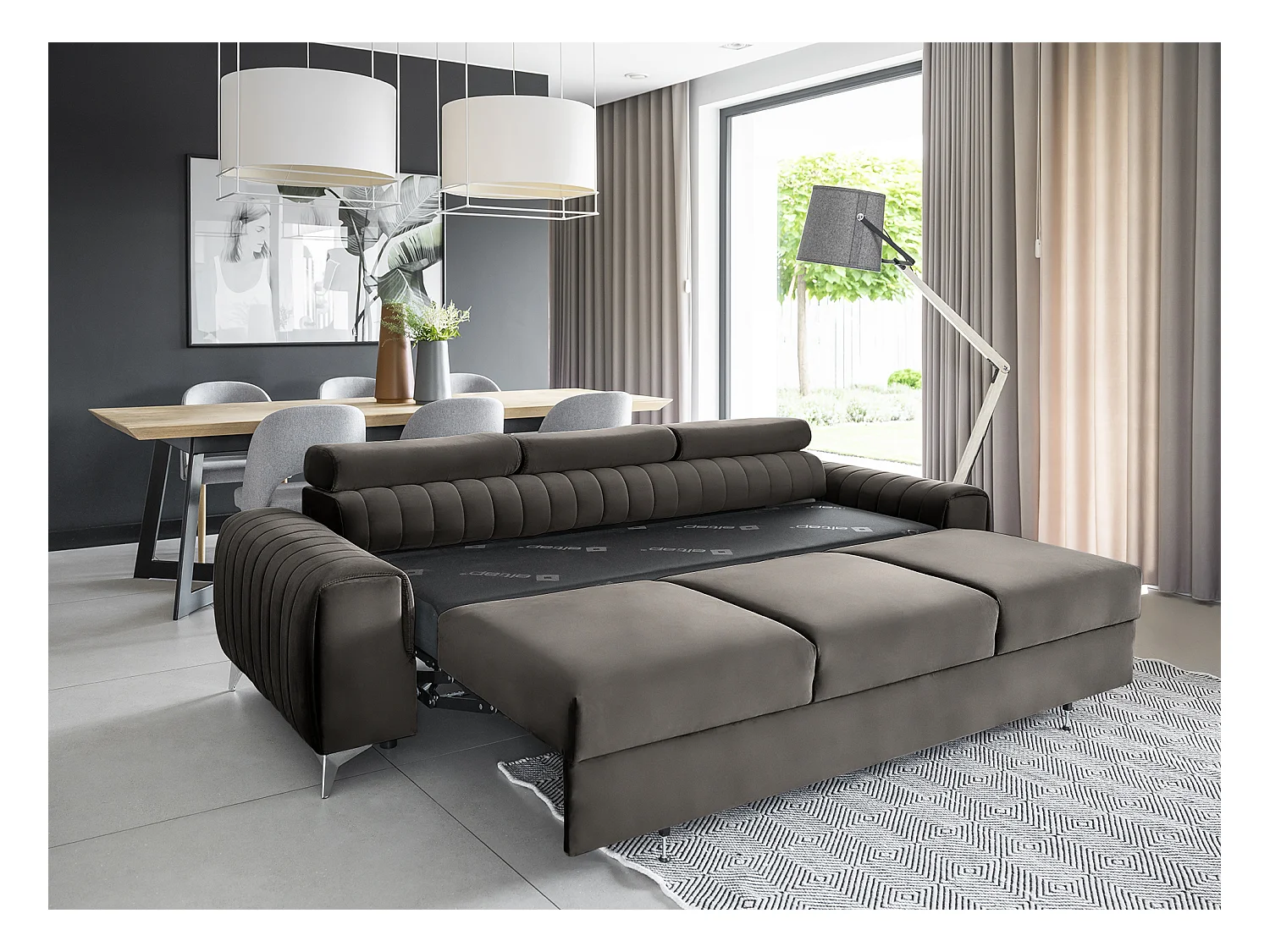 Canapé convertible velours LOZA - Appuis-tête réglables et pieds acier chromé-Marron foncé