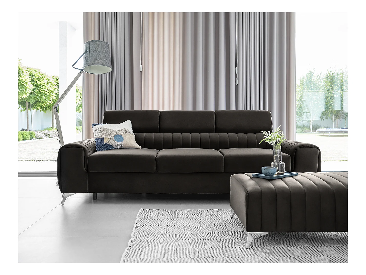 Canapé convertible velours LOZA - Appuis-tête réglables et pieds acier chromé-Marron foncé