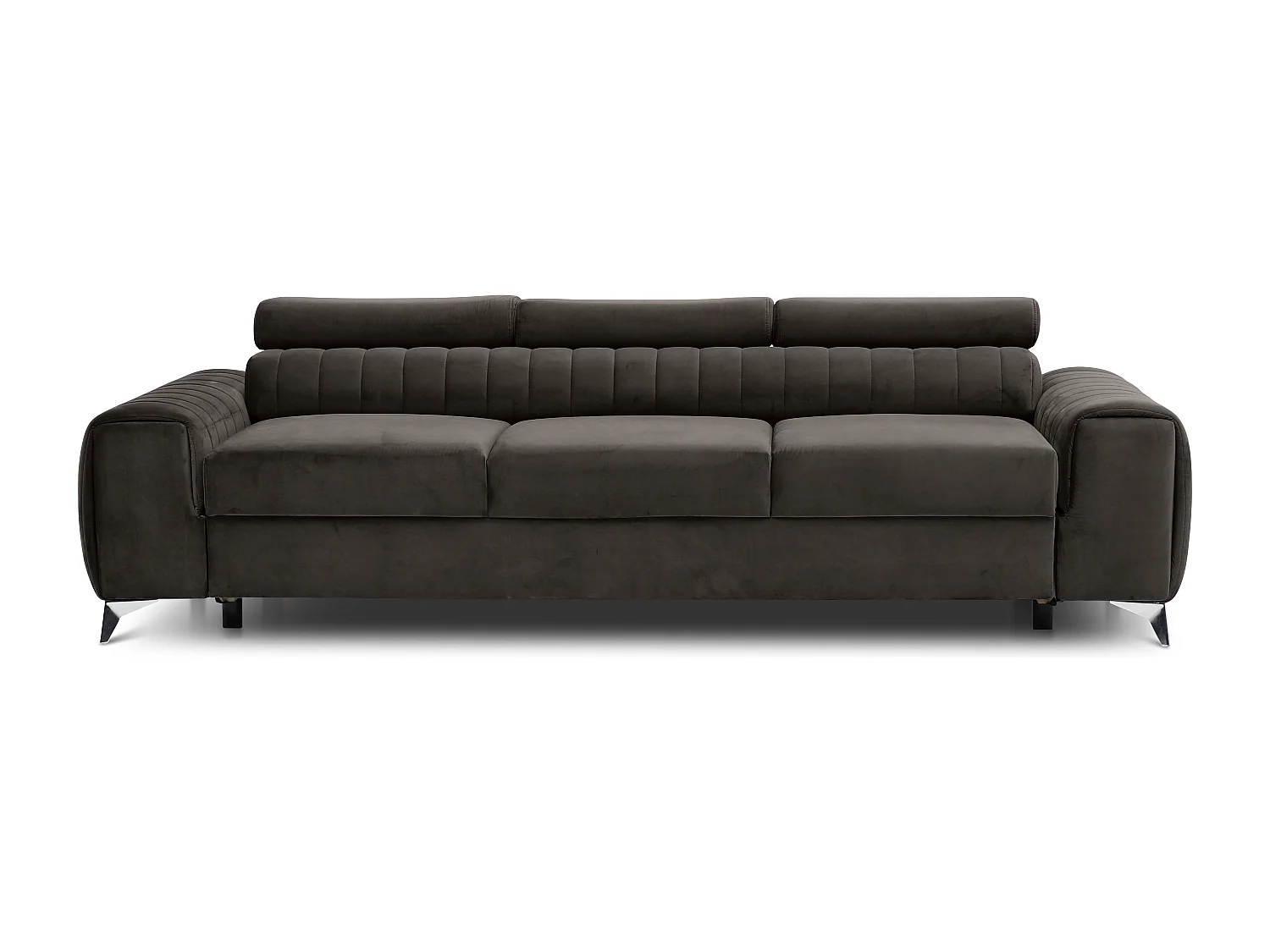 Canapé convertible velours LOZA - Appuis-tête réglables et pieds acier chromé-Marron foncé