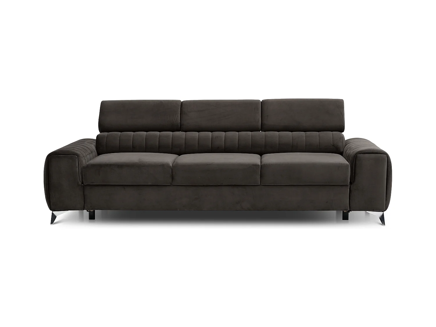 Canapé convertible velours LOZA - Appuis-tête réglables et pieds acier chromé-Marron foncé