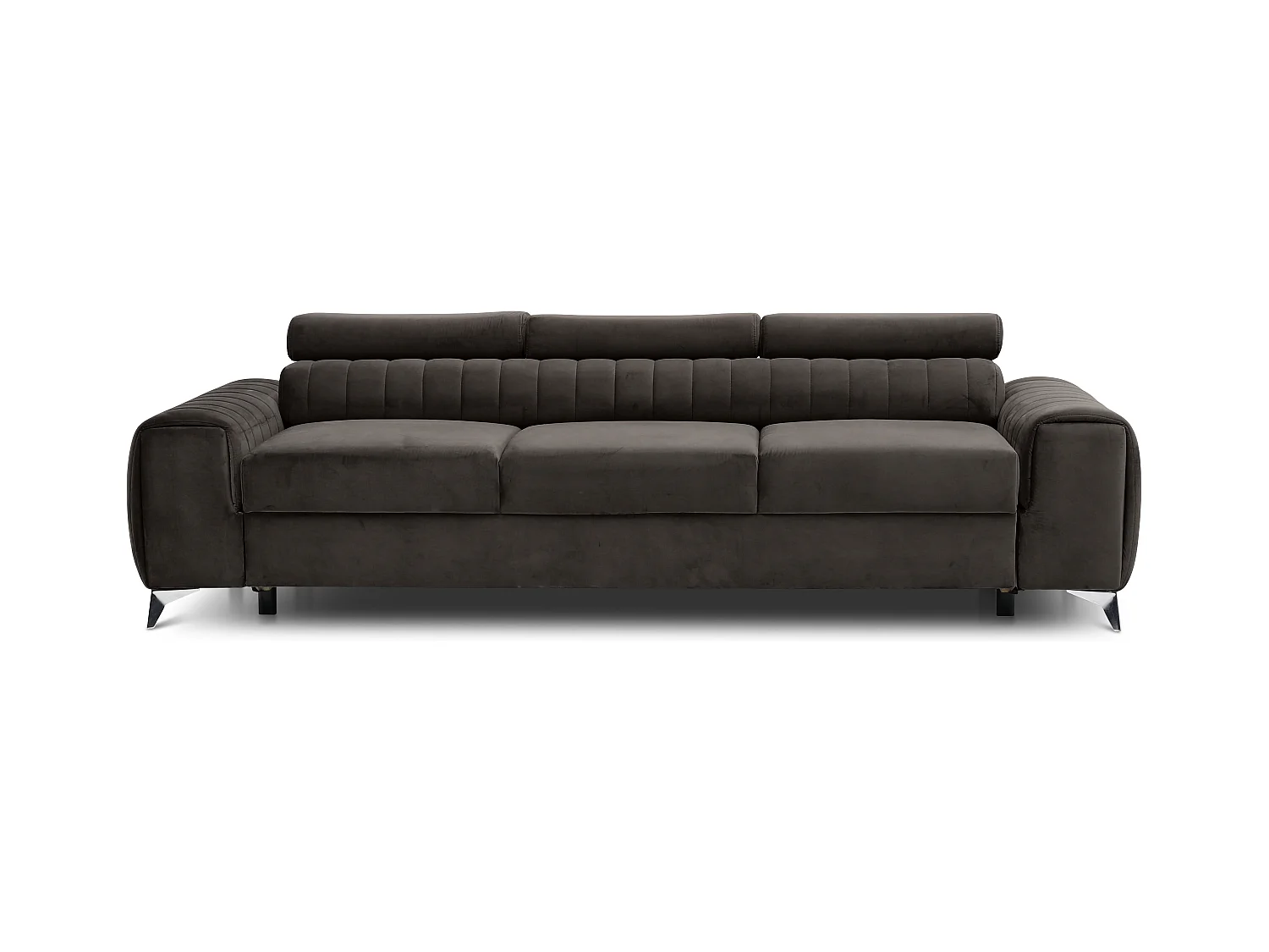 Canapé convertible velours LOZA - Appuis-tête réglables et pieds acier chromé-Marron foncé