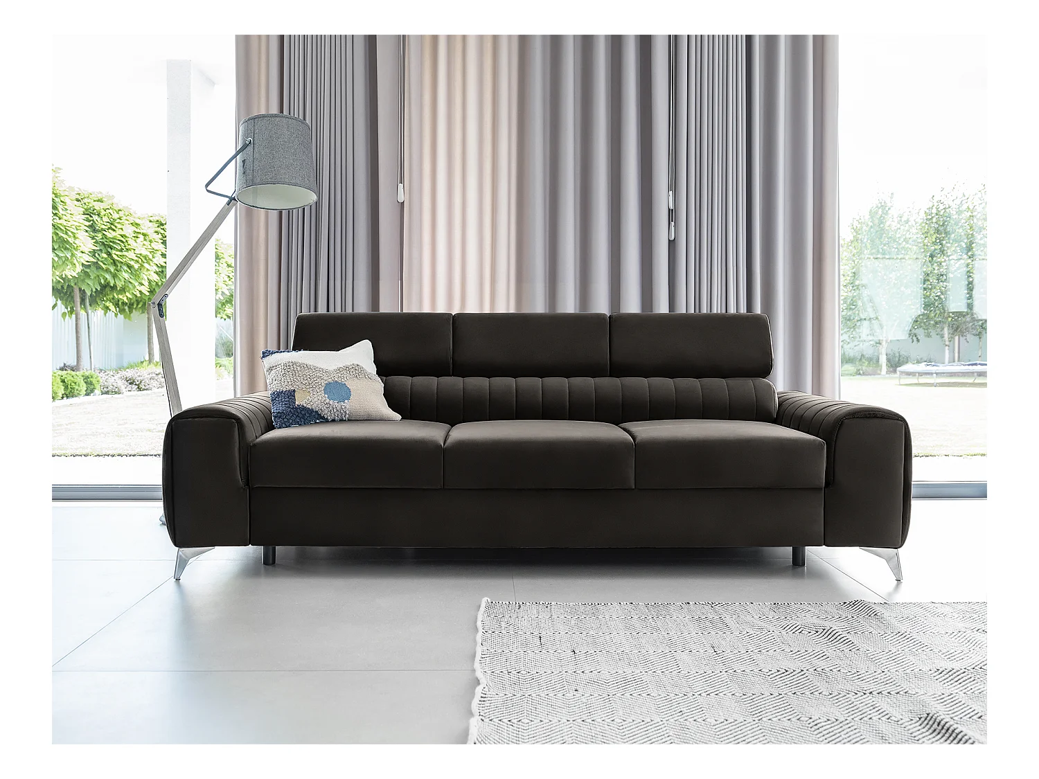 Canapé convertible velours LOZA - Appuis-tête réglables et pieds acier chromé-Marron foncé