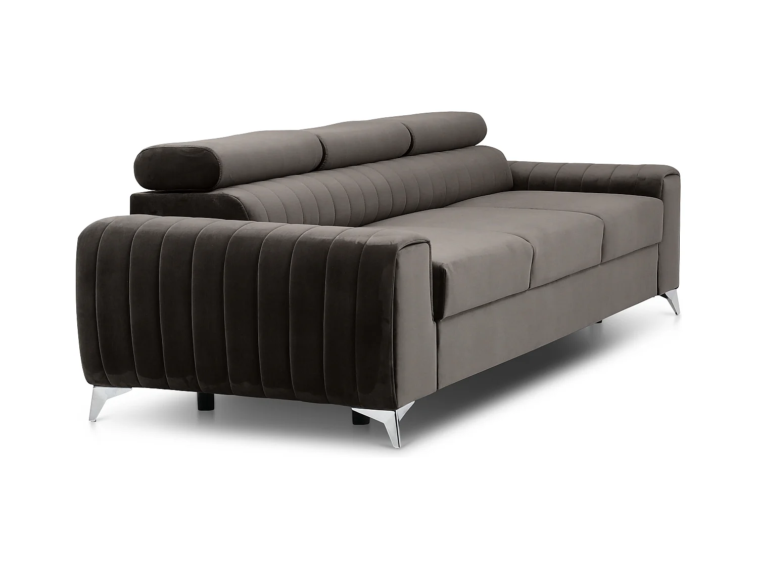 Canapé convertible velours LOZA - Appuis-tête réglables et pieds acier chromé-Marron foncé