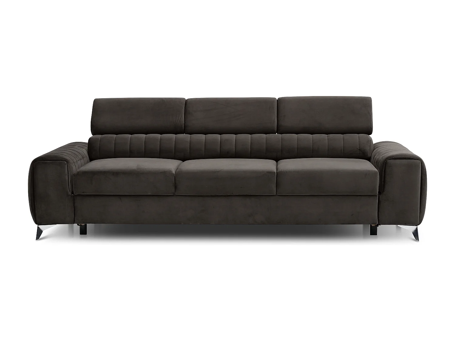 Canapé convertible velours LOZA - Appuis-tête réglables et pieds acier chromé-Marron foncé