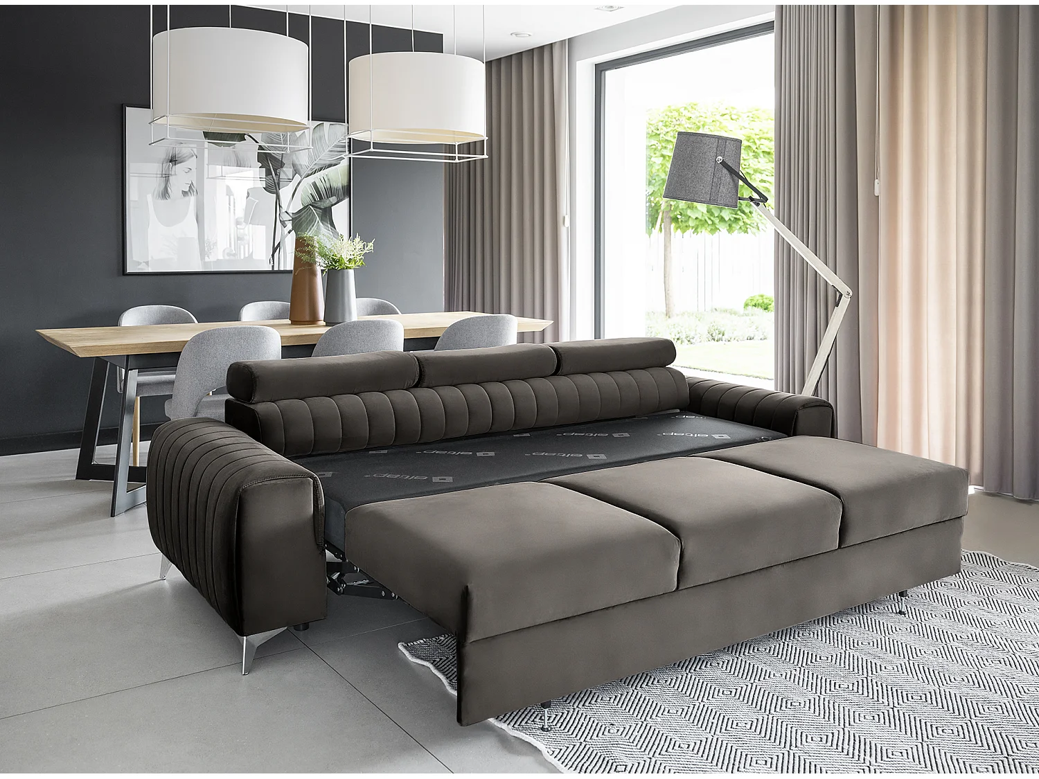 Canapé convertible velours LOZA - Appuis-tête réglables et pieds acier chromé-Marron foncé