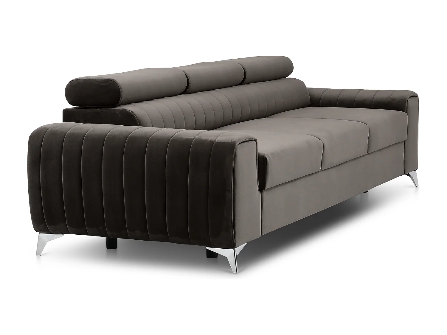 Canapé convertible velours LOZA - Appuis-tête réglables et pieds acier chromé-Marron foncé